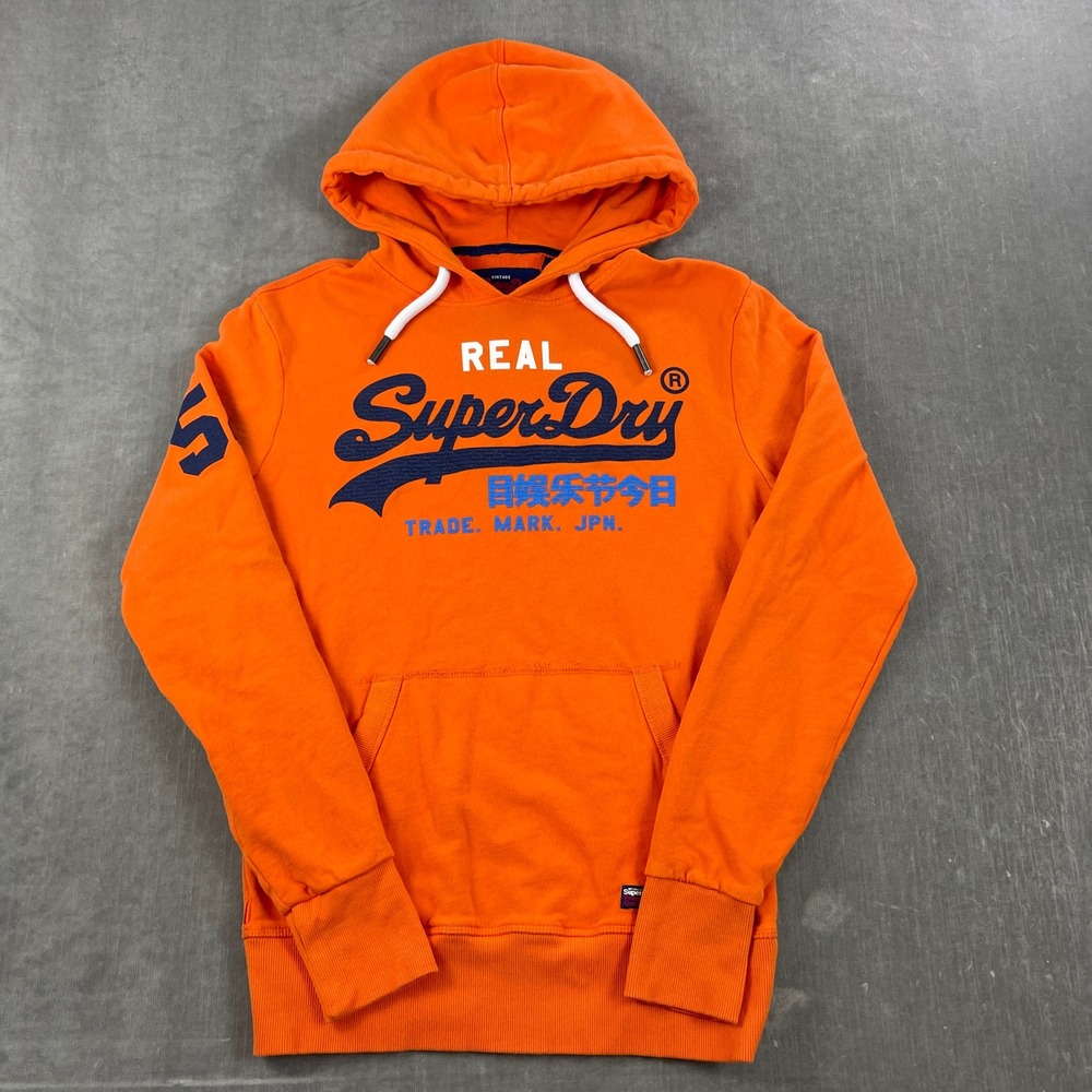 Superdry Mens M Orange Pullover Hoodie Real SuperDry Graphic 54 Sleeve